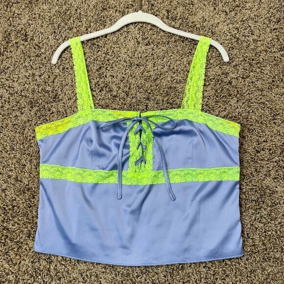 Superdown Adele Lace Up Cami Top Satin in Blue green Cropped Size XL Revolve Y2K - Picture 4 of 10